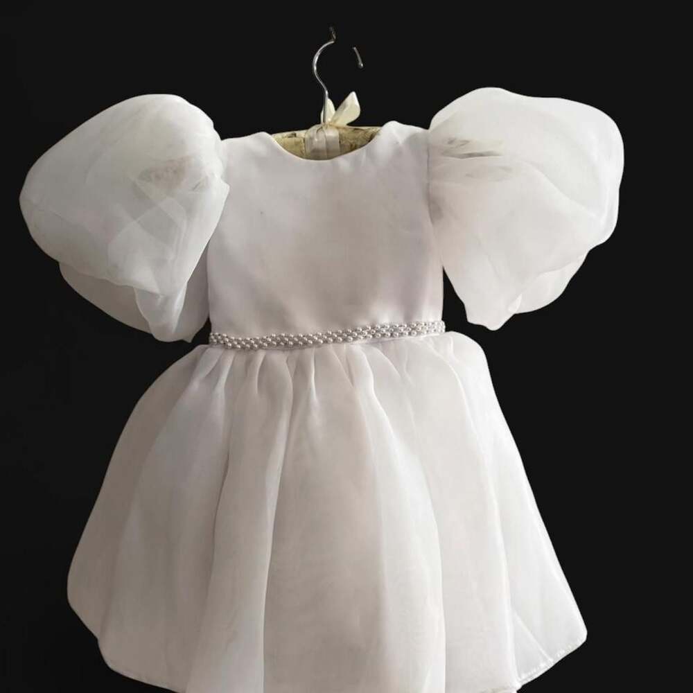 Girls White Puff Sleeve Dress with Pearl Belt flower girl